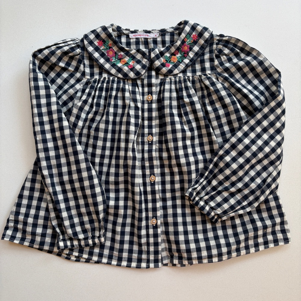 Kids Checkered Blouse with Floral Embroidery